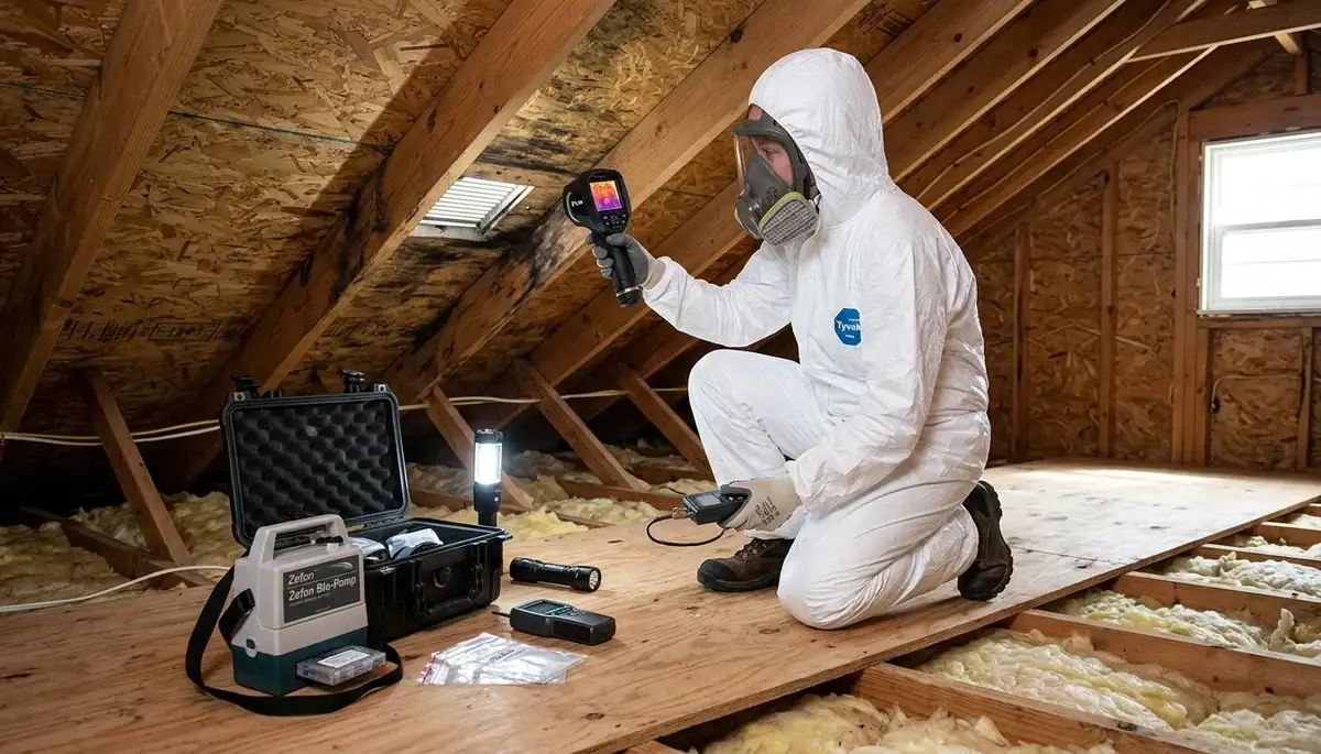 Mold inspection technician assessing a Providence, RI home for hidden water damage and mold growth